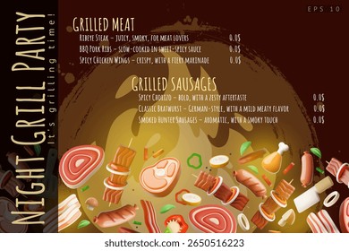 Night grill party invitation 3D cartoon plastic style vector poster design. Realistic BBQ barbecue menu and price. Meat, pork ribs, chicken wings, steak and sausages. Picnic event