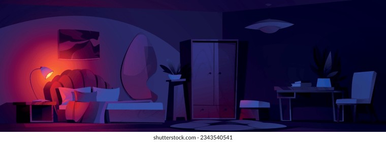 Night groovy bedroom vector cartoon home interior 2d background. Dark clean house y2k room with bed, glow lamp, carpet, mirror and wardrobe. Nobody inside cozy girly hotel apartment at nighttime