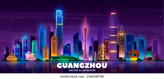 Night Guangzhou skyline. Night citi and famous buildings. Vector illustration.