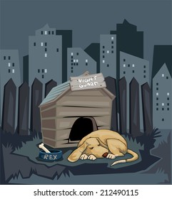 Night Guard, Sign Above A Cute Sleeping Dog, In A Urban Background, Vector Illustration