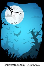 Night Halloween a4 format  background with creepy graveyard and dead trees, vector illustration