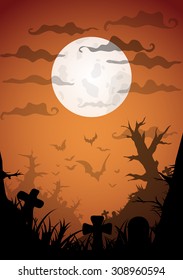 Night Halloween a4 format  poster with creepy graveyard and dead trees, vector illustration