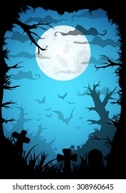 Night Halloween a4 format  poster background with creepy graveyard and dead trees, vector illustration