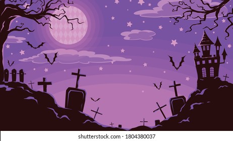 Fondo abstracto de Halloween nocturno. Castillo, árbol espeluznante, bosque, tumba, lápida, murciélago, elemento de silueta. Tono morado-negro. Ilustración vectorial, fondo, decoración y papel pintado.