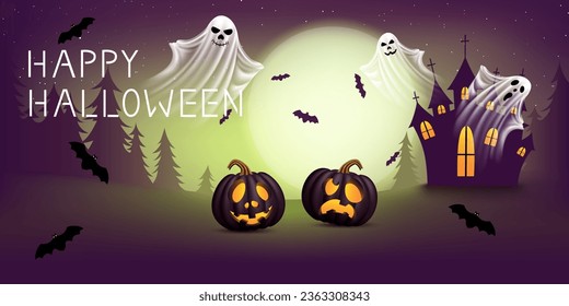 Night Halloween background or banner with description Happy Halloween, pumpkins in meadow, silhouettes of houses, tree, and ghost, against the background of the sky and the moon.