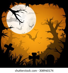 Night Halloween background with creepy graveyard and dead trees, vector illustration