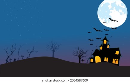 Night Halloween background moonlight castle cemetery ghost