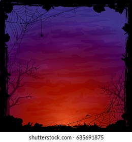 Night Halloween background with spiders. Grunge texture on blue and orange abstract background, illustration.