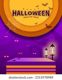 Night Halloween Background. Square pedestal for Graphic show decorated with Spooky night scene. Halloween background. Product stand concept. Vector illustration.