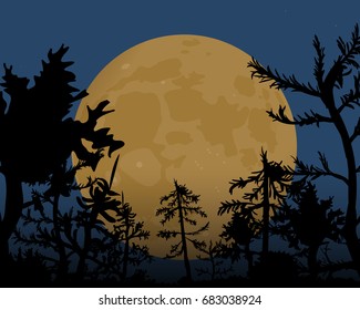 The night of Halloween. A big yellow moon in the sky. Dark forest vector illustration.