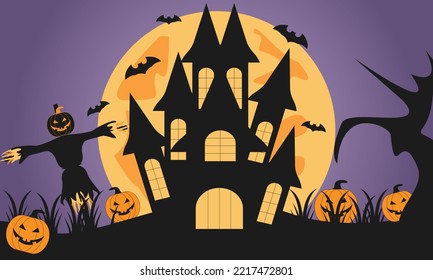 Night Halloween Castle With Big Moon, Pumkins, Scarecrow, and Bats Vector Illustration