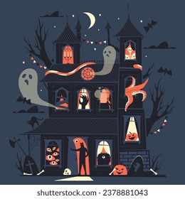 Night halloween castle with ghosts vector illustration. Cartoon background for october or autumn celebration banner. House with pumpkin and bats. Creepy or scary card or poster. Mansion template