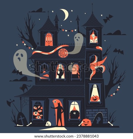 Night halloween castle with ghosts vector illustration. Cartoon background for october or autumn celebration banner. House with pumpkin and bats. Creepy or scary card or poster. Mansion template