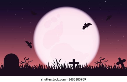 Night halloween colorful background. Full moon and star on tomb in night halloween. Vector illustration.