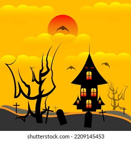 Night Halloween Holiday Horror Moon Celebration Background House Devil Scary Vector Illustration October Cartoon Pumpkin Bat Dark Tree Silhouette Black Party Art Scary