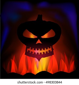 Night in the Halloween pumpkin stylized skull on a background of a flaming fire