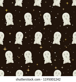 Night Halloween seamless background with ghosts and stars, illustration.