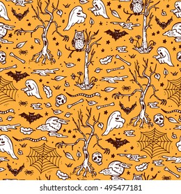Night Halloween Seamless pattern. Hand Drawn Doodle horror haunted halloween  spooky forest 