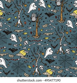 Night Halloween Seamless pattern. Hand Drawn Doodle horror haunted halloween  spooky forest 