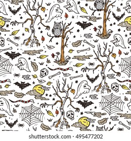 Night Halloween Seamless pattern. Hand Drawn Doodle horror haunted halloween  spooky forest 