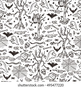 Night Halloween Seamless pattern. Hand Drawn Doodle horror haunted halloween  spooky forest 