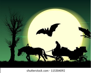 Night of Halloween: silhouette of a horse put to a cart in field under full moon