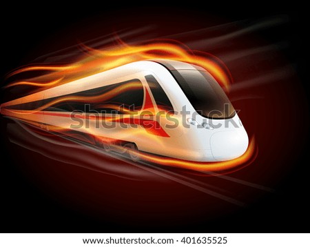 Night high-speed train on the way enwrapped in fire flames spectacular railways image poster print vector illustration 