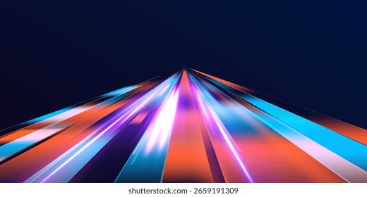 Night highway with dynamic light effects, neon purple, blue, and red glowing trails, and futuristic speed motion visualization.	