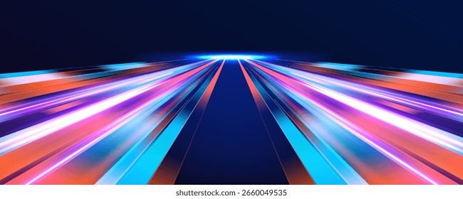 Carretera nocturna con efectos de luz dinámicos, senderos brillantes de color púrpura neón, azul y rojo, y visualización futurista de movimiento de velocidad.	