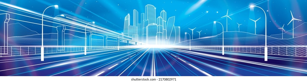 Night Highway. Neon Glow City Illustration. Train Rides On Bridge. Big Road In Desert. Mounrains And Turbines At Background. White Outlines Panorama,  Vector Design Art 