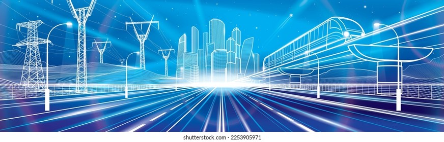 Night highway. Neon glow modern city illustration. Electric train rides on bridge. High voltage transmission systems. Mounrains and enegry pylons. White outlines, vector design  
