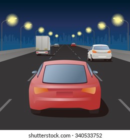 night highway, street lights and vehicles, vector illustration