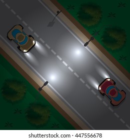 Night highway. View from above. Vector illustration. 