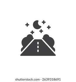 Night Hike vector icon. filled flat sign for mobile concept and web design. Night Road with trees, under a night sky with crescent moon and stars glyph icon. Symbol, logo illustration. Vector graphics