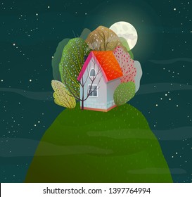 Night Hill Mountain Moon Landscape with House on Top. Night dark romantic hose in nature on top of the hill with forest. Vector watercolor style.