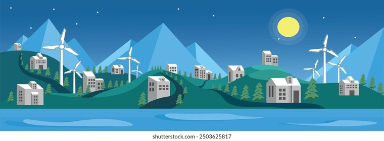 Arte vectorial de la vista de la colina de la noche. Ilustración de energía limpia. Futura ciudad ecológica. Turbina de viento en la colina. Río por la noche. Paisaje urbano inteligente.