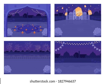 Night Hindu holiday celebration flat color vector illustration set. Diwali festival. Diya candles. Lighted lanterns in sky. Festive nighttime 2D cartoon cityscape with skyline on background collection