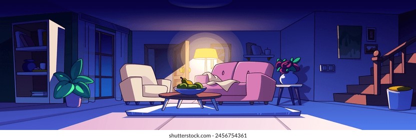 Night home room interior with pink sofa cartoon background. House livingroom inside with staircase and modern furniture front view. Couch and armchair in stylish lobby with lamp light and nobody.