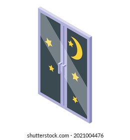 Night Home Window Icon Isometric Vector. Family Curtain. House Night Window