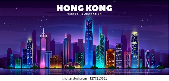 Night Hong Kong skyline. Night citi and famous buildings. Vector illustration.