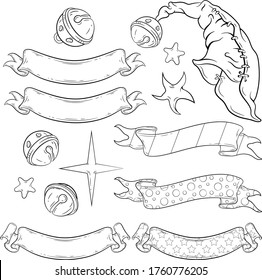 Night hood with ribbons and small details vector line-art set. For your Halloween, costume party and other fairytale designs, prints, posters, covers, cards, invitations, etc. Coloring book page