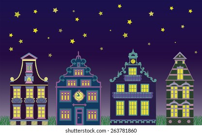 Night horizontal background with decorated fronts of cute houses, bright windows, stars and grass. 