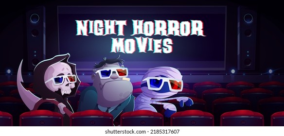 Night horror movies cartoon banner with funny monsters sitting in cinema hall. Cute grim reaper with scythe, zombie and mummy halloween personages wear 3d glasses watching film, Vector illustration