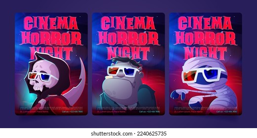 Night horror movies cartoon flyers with funny monsters grim reaper with scythe, zombie and mummy wear 3d glasses. Invitation for cinema festival with spooky halloween personages, Vector illustration