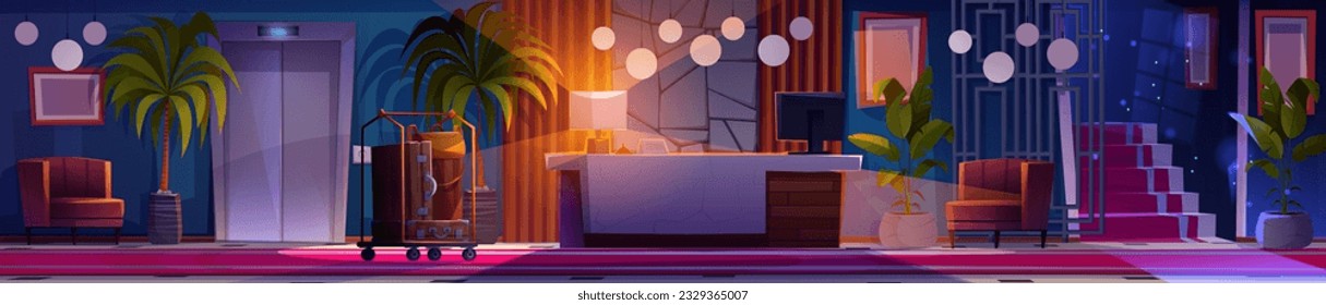 Night hotel lobby reception interior cartoon vector background. Business building office hallway with magic light on stairs game scene. Trolley for luggage near counter desk and lift in corridor