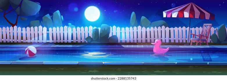 Night house backyard with swimming pool in summer vector illustration. Luxury hotel villa outdoor yard with poolside exterior and moonlight with stars in sky. Resort with umbrella, duck toy and chair.