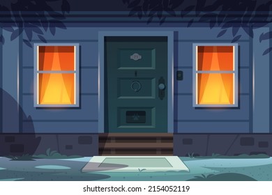 Night House Front. Cartoon Country House Exterior With Door Porch Windows And Night Lights. Vector Town Building Entrance Scene. Outdoor Family House Facade With Lawn, Suburban Cottage