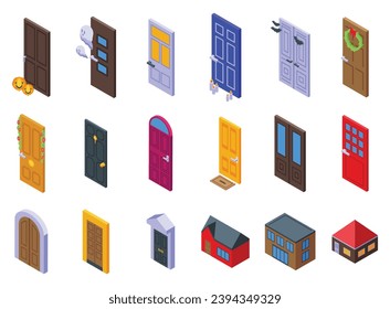 Night house front door icons set isometric vector. Outside home. Entry mansion