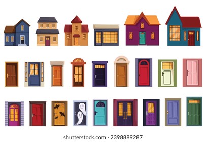 Night house front door icons set cartoon vector. Building entrance. Home wall architecture