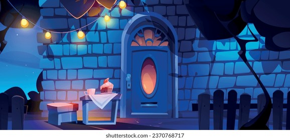 El exterior de la puerta delantera de la casa nocturna vectorial de la pared del hogar. Entrada de edificio y valla de madera. Fachada de ladrillo y hermoso porche con luz de bombilla de garganta. Pastel en la mesa cerca de la silla y puerta de apartamento cerrada